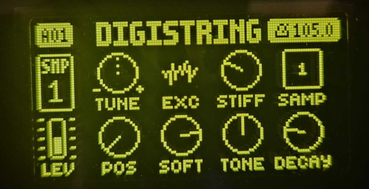 The Digitakt's screen showing STRING's SRC page